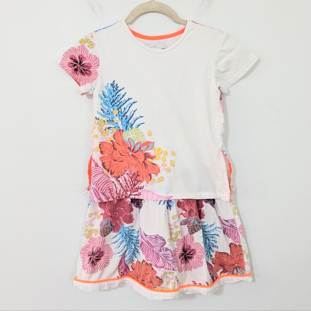 Desigual Girls Floral Print Tiered Layered T Shirt Dress Mini Length White 9/10